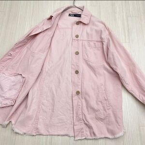 Pink Women Denim Jacket Oversized Utility Style Casual Feminine Layering Size M